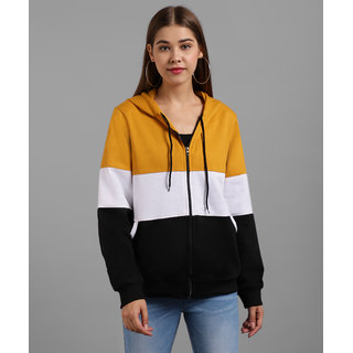                      Raabta Fashion Women Mustard White & Black Colourblocked Hooded Pullover - RWT-I0                                              