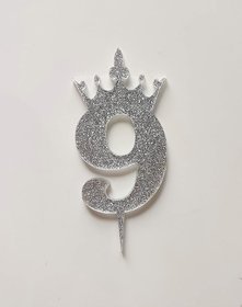 SURSAI Silver Zari With Crown Design 9 Number Cake Topper for Decoration No.9 Cake Topper Pack of 1