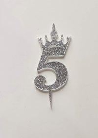 SURSAI Silver Zari With Crown Design 5 Number Cake Topper for Decoration No.5 Cake Topper Pack of 1