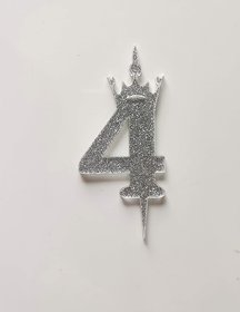 SURSAI Silver Zari With Crown Design 4 Number Cake Topper for Decoration No.4 Cake Topper Pack of 1