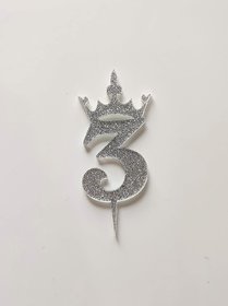 SURSAI Silver Zari With Crown Design 3 Number Cake Topper for Decoration No.3 Cake Topper Pack of 1