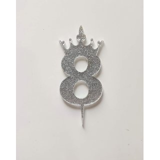 SURSAI Silver Zari With Crown Design 8 Number Cake Topper for Decoration No.8 Cake Topper Pack of 1
