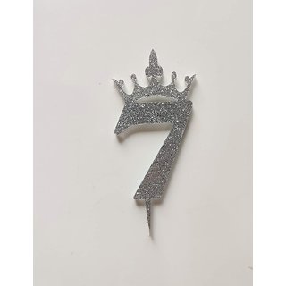 SURSAI Silver Zari With Crown Design 7 Number Cake Topper for Decoration No.7 Cake Topper Pack of 1