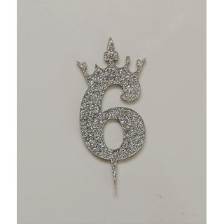 SURSAI Silver Zari With Crown Design 6 Number Cake Topper for Decoration No.6 Cake Topper Pack of 1