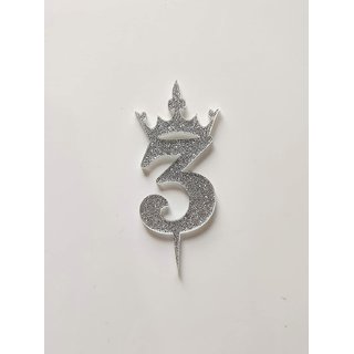 SURSAI Silver Zari With Crown Design 3 Number Cake Topper for Decoration No.3 Cake Topper Pack of 1