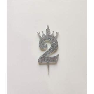 SURSAI Silver Zari With Crown Design 2 Number Cake Topper for Decoration No.2 Cake Topper Pack of 1