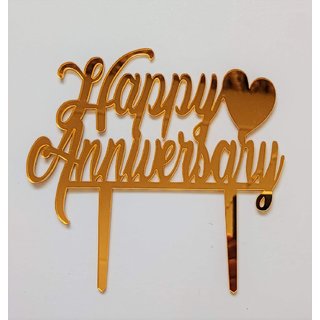                       SURSAI Mirror Gold Heart Design Happy Anniversary Cake Topper for Decoration Pack of 1                                              