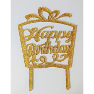                       SURSAI Golden Zari Happy Birthday Gift Box Cake Topper for Decoration Pack of 1                                              