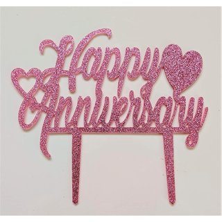                       SURSAI Pink Zari Heart Design Happy Anniversary Cake Topper for Decoration Pack of 1                                              