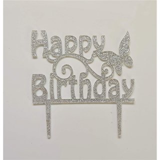                       SURSAI Silver Zari Butterfly Design Happy Birthday Cake Topper for Decoration Pack of 1                                              