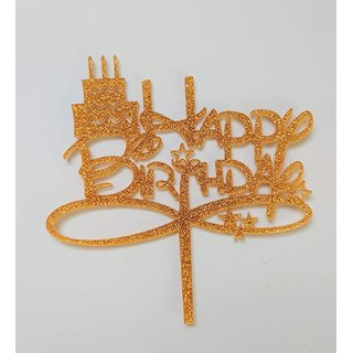                       SURSAI Golden Zari Cake Design Happy Birthday Cake Topper for Decoration Pack of 1                                              