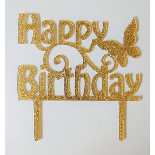                       SURSAI Golden Zari Butterfly Happy Birthday Cake Topper for Decoration Pack of 1                                              