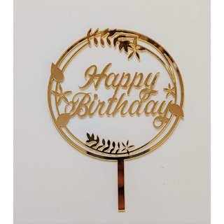 SURSAI Mirror Golden Round Design Happy Birthday Cake Topper for Decoration Pack of 1
