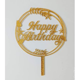                       SURSAI Golden Zari Round Design Happy Birthday Cake Topper for Decoration Pack of 1                                              