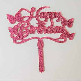                       SURSAI Pink Zari Happy Birthday Cake Topper with Butterfly Design for Decoration Pack of 1                                              
