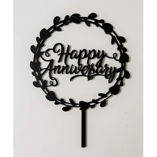                       SURSAI Black Round Design Happy Anniversary Cake Topper Pack of 1                                              
