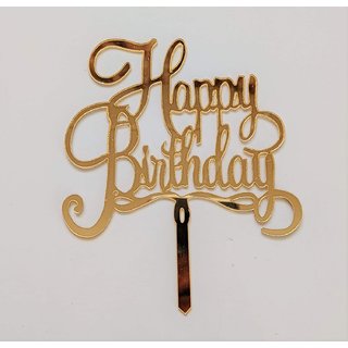                       SURSAI Mirror Gold Cake Decoration Happy Birthday Cake Topper Pack of 1                                              