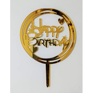                       SURSAI Mirror Gold Happy Birthday Round Cake Topper Pack of 1                                              