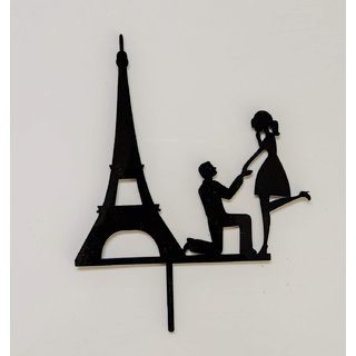                       SURSAI Black Couple Eiffel Tower Propose Design Cake Topper for Any Party Pack of 1                                              