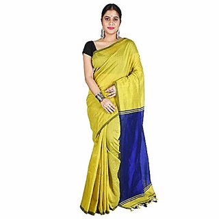                       Desh Bidesh Women`S Bengal Khadi Ghicha Handloom Cotton Silk Saree With Blouse Piece (Light Green Blue)                                              