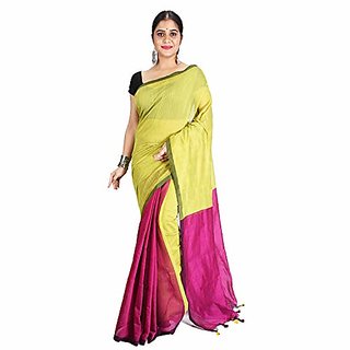                       Desh Bidesh Women`S Bengal Khadi Ghicha Handloom Cotton Silk Saree With Blouse Piece (Light Yellow Green Pink)                                              