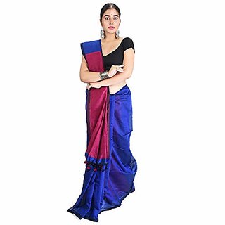                       Desh Bidesh Women`S Bengal Khadi Ghicha Handloom Cotton Silk Saree With Blouse Piece (Blue Deep Pink)                                              