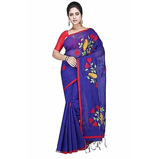                       Desh Bidesh Women`S Bengal Cotton Traditional Bengali Handloom Cotton Silk Tant Saree Bird Design With Blouse Piece (Blue)                                              