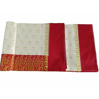                       Desh Bidesh Women's Bengal Premium Fine Smooth Garad Handmade Silk Saree With Blouse Pcs (White And Red)                                              