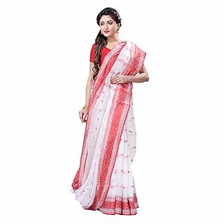                       Desh Bidesh Women`S Traditional Bengal Tant Pure Handloom Cotton Saree Kalkatara Design Without Blouse Piece (Red And White)                                              
