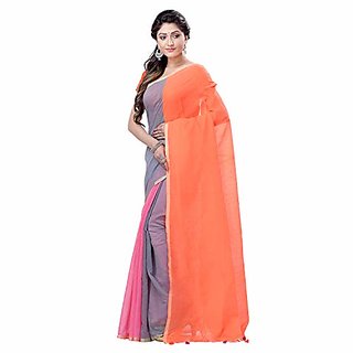                       Desh Bidesh Women`S Bengal Khadi Ghicha Handloom Cotton Silk Saree With Blouse Piece (Orange Grey Pink)                                              