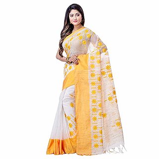                       Desh Bidesh Women`S Bengali Tant Traditional Khadi Pure Cotton Handloom Saree Star Design With Blouse Piece (Yellow White)                                              