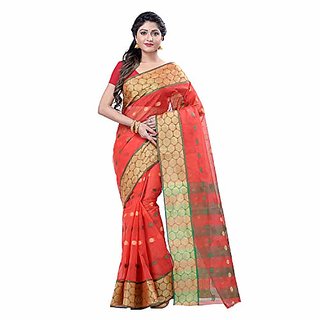                       Desh Bidesh Women`S Santipur Handloom Bengal Tant Cotton Saree With Golden Design (Red Green)                                              