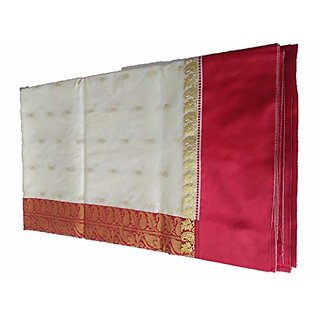                       Desh Bidesh Women's Bengal Premium Garad Silk Saree With Blouse Piece (White And Red)                                              