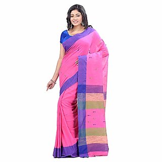                       Desh Bidesh Women`S Traditional Bengali Tant Handloom Cotton Saree With Blouse Piece (Pink Blue Green)                                              