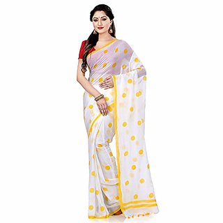                       Desh Bidesh Women`S Traditional Hand Woven Malmal Bengal Handloom Pure Cotton Saree Without Blouse Piece (Yellow White)                                              