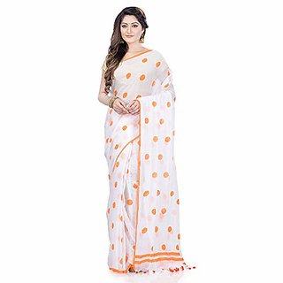                       Desh Bidesh Women`S Traditional Hand Woven Malmal Bengal Handloom Pure Cotton Saree Without Blouse Piece (Orange White)                                              