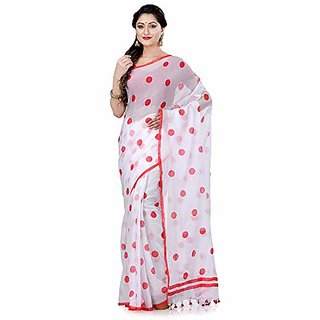                       Desh Bidesh Women`S Traditional Hand Woven Malmal Bengal Handloom Pure Cotton Saree Without Blouse Piece (Pink White)                                              