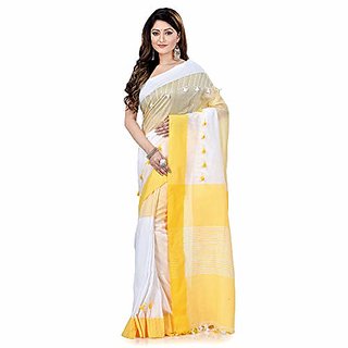                      Desh Bidesh Women`S Traditional Bengali Handloom Tant Pure Cotton Saree Pompom Desigined With Blouse Piece (Yellow White)                                              