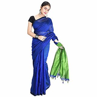                       Desh Bidesh Women`S Bengal Khadi Ghicha Handloom Cotton Silk Saree With Blouse Piece (Blue Green)                                              