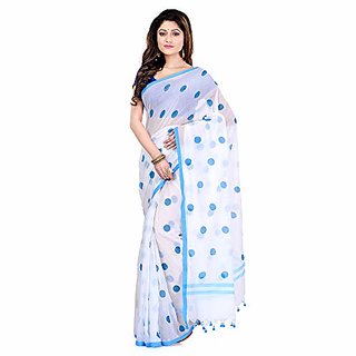                       Desh Bidesh Women`S Traditional Hand Woven Malmal Bengal Handloom Pure Cotton Saree Without Blouse Piece (Sky Blue White)                                              