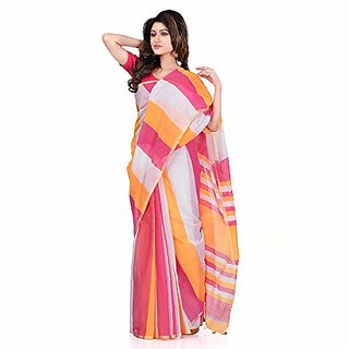                       Desh Bidesh Women`S Bengal Khadi Ghicha Handloom Cotton Silk Saree With Blouse Piece (Orange Pink White)                                              