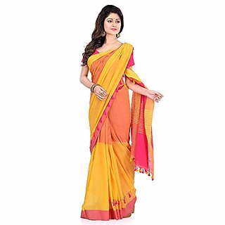                       Desh Bidesh Women`S Traditional Bengali Handloom Tant Pure Cotton Saree Pompom Desigined With Blouse Piece (Yellow Pink)                                              