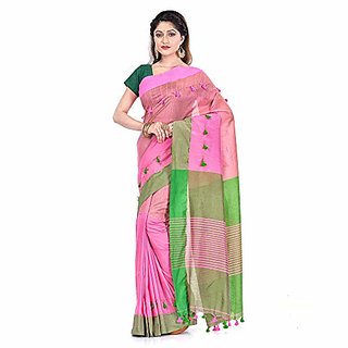                       Desh Bidesh Women`S Traditional Bengali Handloom Tant Pure Cotton Saree Pompom Desigined With Blouse Piece (Pink Green)                                              