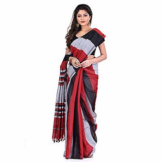                       Desh Bidesh Women`S Bengal Khadi Ghicha Handloom Cotton Silk Saree With Blouse Piece (Black Silver Red)                                              