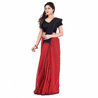                       Desh Bidesh Women's Cotton Silk Bengal Half-Half Ghicha Handloom Saree With Blouse Piece (Red Black)                                              