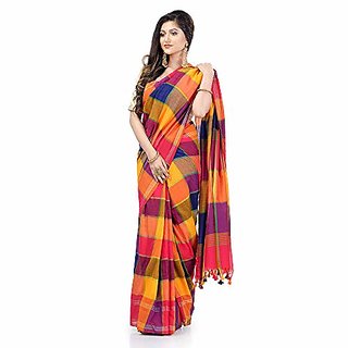                       Desh Bidesh Women`S Traditional Bengali Tant Handloom Pure Cotton Saree  With Blouse Piece (Yellow Multicolor)                                              