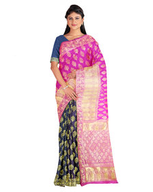 Kanieshka Good Quality Beautiful Pink Silk Saree With Broad  Attractive  Palla, Attached Blue Color Blouse