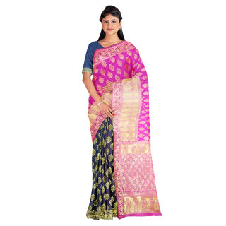 Kanieshka Good Quality Beautiful Pink Silk Saree With Broad  Attractive  Palla, Attached Blue Color Blouse
