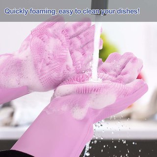                       Pink  Silicone Non-Slip, Dishwashing Gloves for Household Cleaning Great for Protecting Hands                                              
