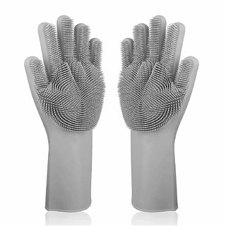                       Gray Silicone, Dishwashing  Pet Grooming, Magic Latex Scrubbing Gloves for Household Cleaning                                              